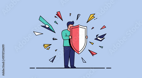 Businessman protecting himself with a shield from flying papers and documents