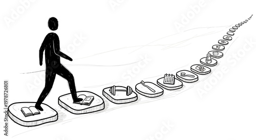 Businessman stepping on giant steps