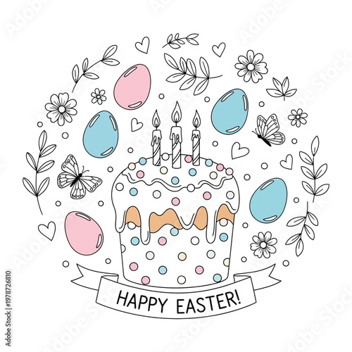 Json title happy easter day festive cake with eggs and candles a spring celebration description a whimsical doodle style illustration of