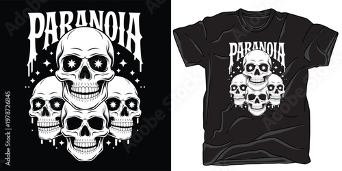 Paranoia skull design with stars and dripping effect illustration.