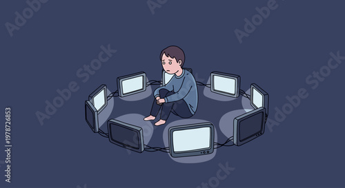 Businessman surrounded by multiple television screens