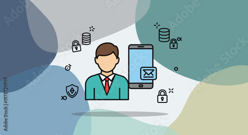 Businessman with smartphone and laptop secure data