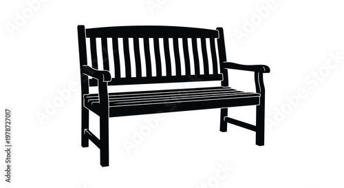 A black silhouette of a classic wooden park bench with a slatted back