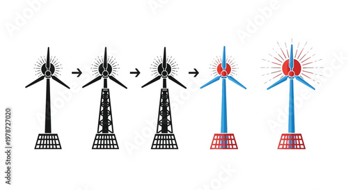 Illustration depicting the progressive stages of wind turbine construction from base to full assembly