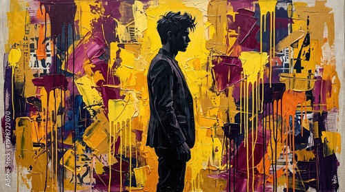 Young man in blazer silhouette against sunflower yellow and deep plum abstract. Palette knife oil painting textures, thick impasto