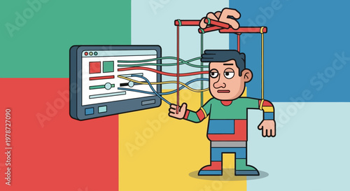 Cartoon man controlled by strings in front of computer screen