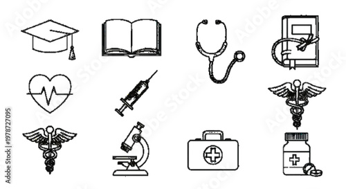 Nursing education icons, training, books, medical learning, simple outline design