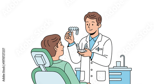 A professional dentist wearing a white coat consults with a patient sitting in a chair while holding clear plastic dental aligners in a bright office.