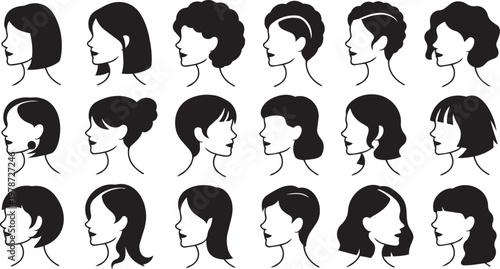Hairstyles profile set for diverse women showing different haircuts and styles in black and white vector design
