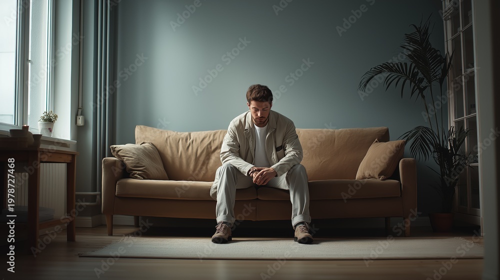 Fototapeta premium Male individual in light-colored attire seated on a beige sofa, with a potted plant and window providing natural light in a modern living room setting