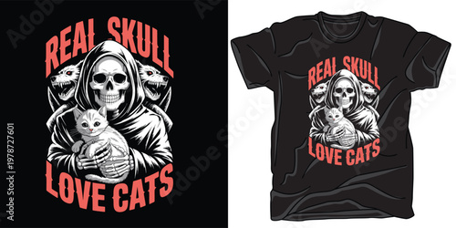 Real skull love cats grim reaper illustration with kittens.