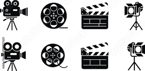 A collection of vintage and modern film and movie making icons in black and white representing the art of cinema