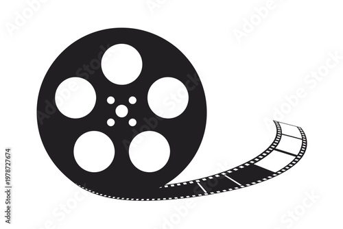 Vintage film reel with partially unspooled tape isolated on white background, Vector, illustration