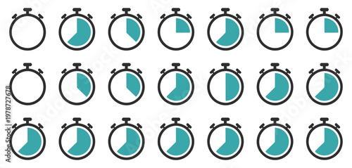 Stopwatch timing icons, set of clock timer icons with countdown intervals, vector illustration for time management, sports timing, productivity tracking, and digital interface design.