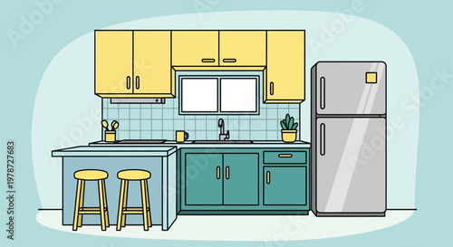 A brightly colored illustration depicts a modern kitchen with yellow cabinets and gray appliances