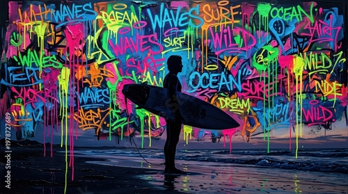 Surfer holding board silhouette against neon graffiti layers with drips. Palette knife oil painting textures, thick impasto,