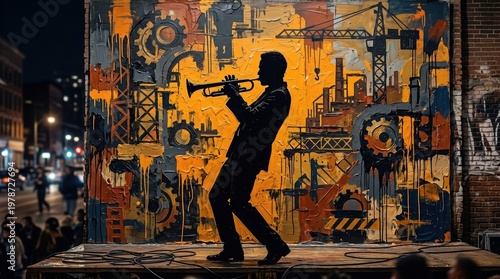 Trumpet player in action silhouette against marigold and charcoal industrial mural. Palette knife oil painting textures, thick