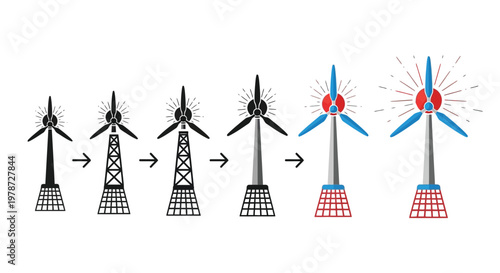 A progression of wind turbine designs evolving from simple outlines to colorful detailed illustrations