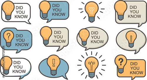 Did you know light bulb speech bubble, facts, trivia, information, questions, ideas, education, learning, curious, interesting. vector illustration