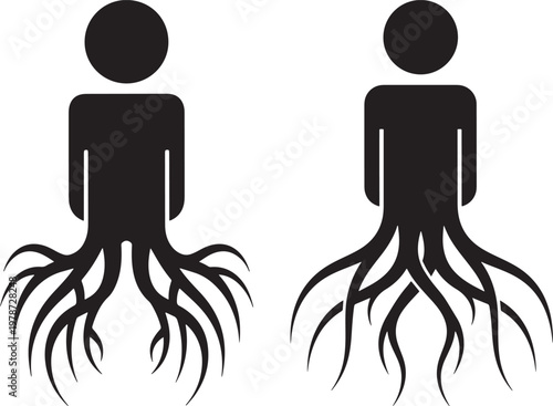 Two human figures with roots for legs family tree black and white connection grounded foundation ancestry heritage genealogy identity belonging stability strength illustration silhouette