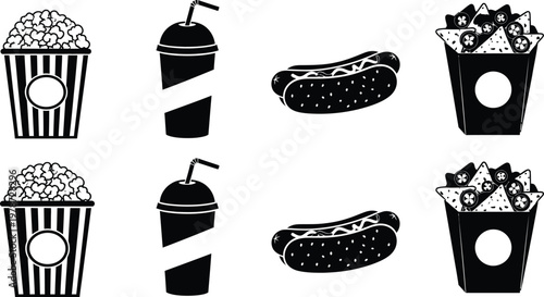 Black and white illustration of popular snack foods popcorn soda hot dogs and nachos in containers
