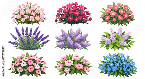 Collection of Vibrant Floral Arrangements: Pink Roses, Lavender, Lilac, and Blue Forget-Me-Nots