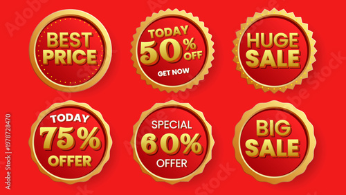 Collection of red sale badges and offers on red background with huge sale, big sale, limited time hot deal, discount label, sale tag, promotion badge, retail offer discount, best price 75% offer