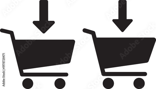 Shopping cart icons with add arrow e commerce shopping bag black and white commerce e-commerce purchase illustration business consumer checkout selection transaction logistics isolated
