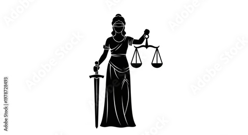 Justice symbol with scales and sword representing law and order balance and fairness in a simple black silhouette