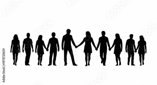 Diverse group of people holding hands in silhouette.
