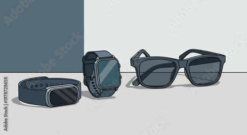 Modern black smartwatch and trendy sunglasses on display