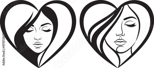 Two female faces framed within hearts stylized illustration black and white graphic design illustration minimalist silhouette portrait feminine romantic romanticism affection isolated