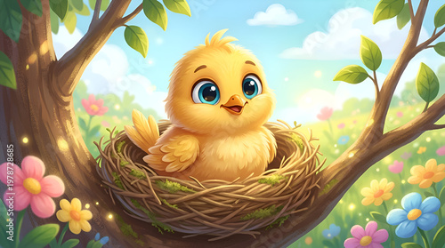 Cute cartoon baby chick sitting in a straw nest on a flowering tree branch