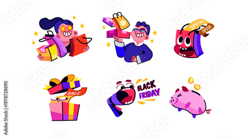 Black Friday sale sticker pack with discount labels modern vector set