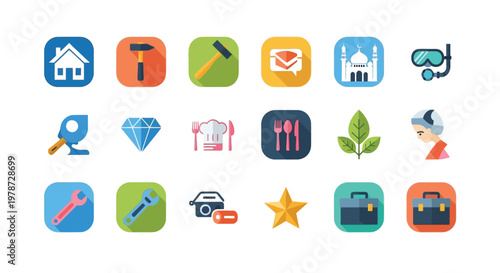 A collection of vibrant flat design icons representing diverse themes like travel tools and hobbies