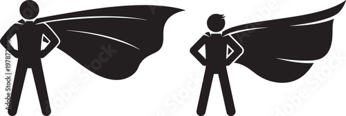 Two stick figures in superhero capes black and white silhouette stick figure superhero strength silhouette illustration minimalist character isolated childlike