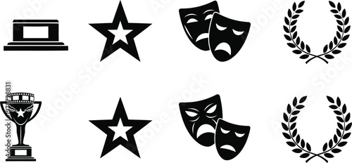 Black silhouette icons representing awards achievements and performing arts displayed in a grid arrangement