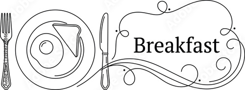 Breakfast menu design with a plate, fried egg, toast, fork, and knife, vector illustration
