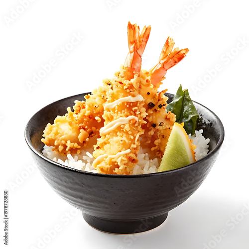 tempura shrimp rice bowl with crunchy texture isolated on white background