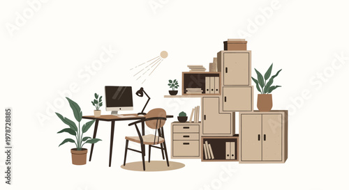 Modern home office workspace with plants and cardboard boxes