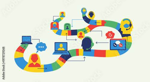 Colorful business process workflow diagram with technology and communication elements