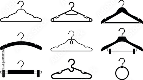 Set of clothes hangers icons, vector illustration of different types of coat hangers