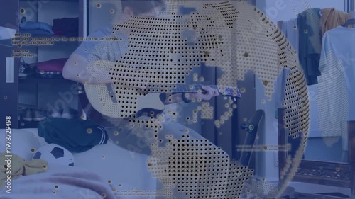 Teen playing acoustic guitar, dotted globe HUD appearing, rotating and revealing room for tech demo