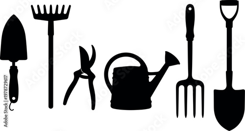 Set of garden tools silhouettes including trowel, rake, pruners, watering can, fork and shovel