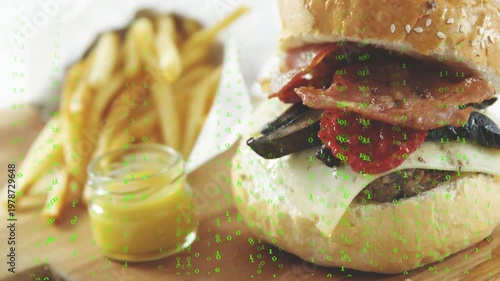 Camera pulling focus, burger sharpening, layers showing, fries, green digits drifting for food ad