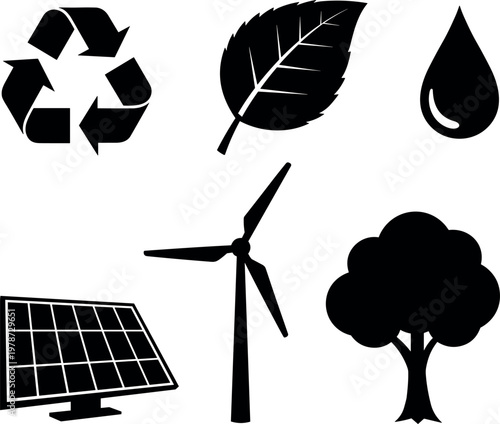 Set of ecofriendly icons including recycling symbol, leaf, water drop, solar panel, wind turbine and tree