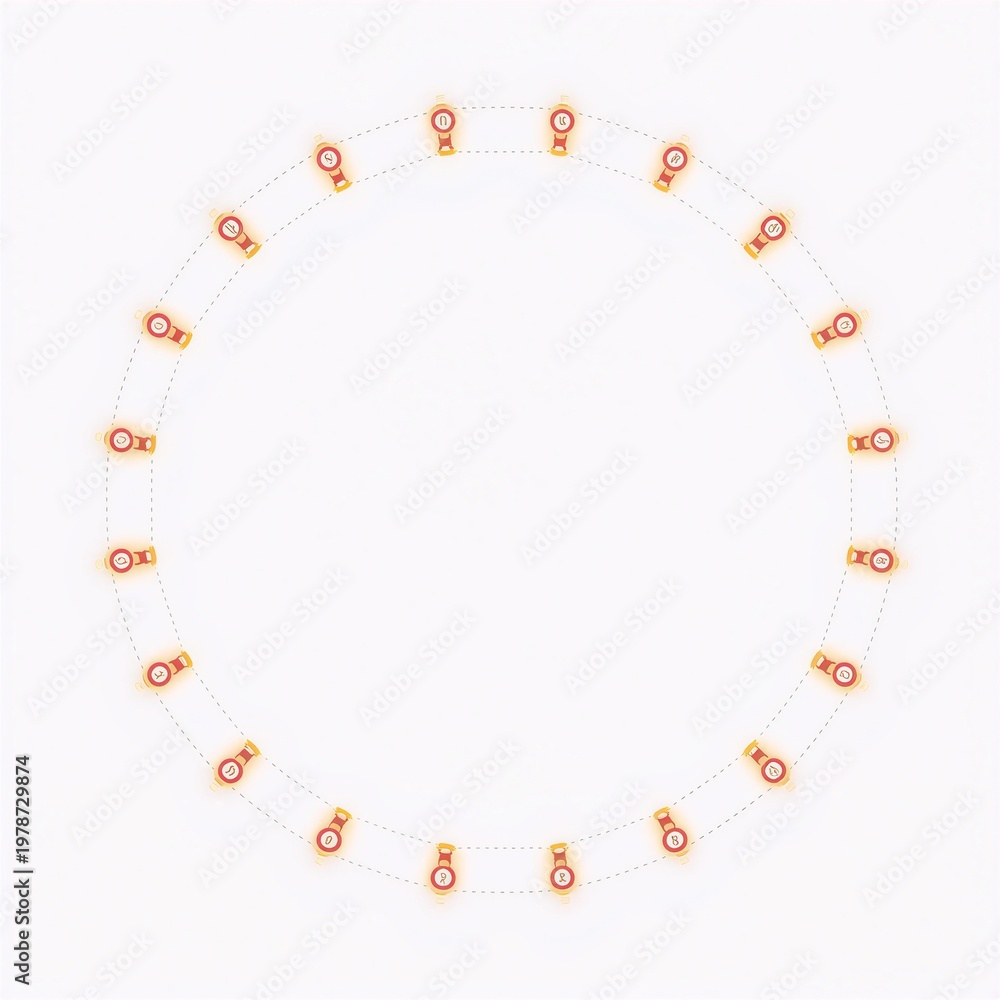 Fototapeta premium Top-Down Glowing Nodes Circle Connected by Fine Lines, Decentralized Blockchain Network Concept, Minimal White Background