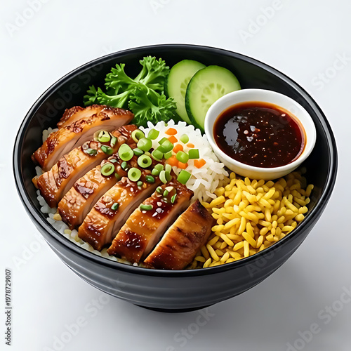 crispy duck rice bowl with sauce isolated on white background