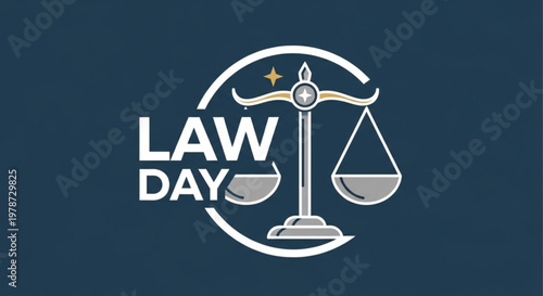 Law day logo with scales of justice and star on navy blue background symbolizing legal profession and balance
