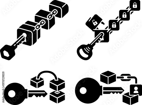 Blockchain technology icon with key and linked data blocks for cryptocurrency and network encryption